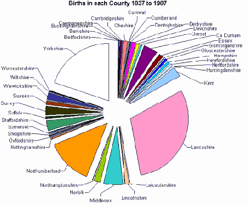 England and Wales Births pie chart by county